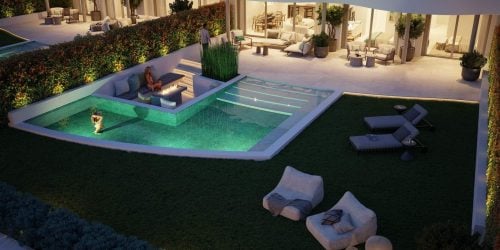 Ground-floor-apartment-garden-terrace-pool-firepit-night